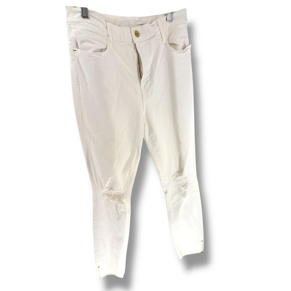 `FRAME Le High Skinny Crop White Jeans Distressed Raw Hem Sz 25 Boho Chic